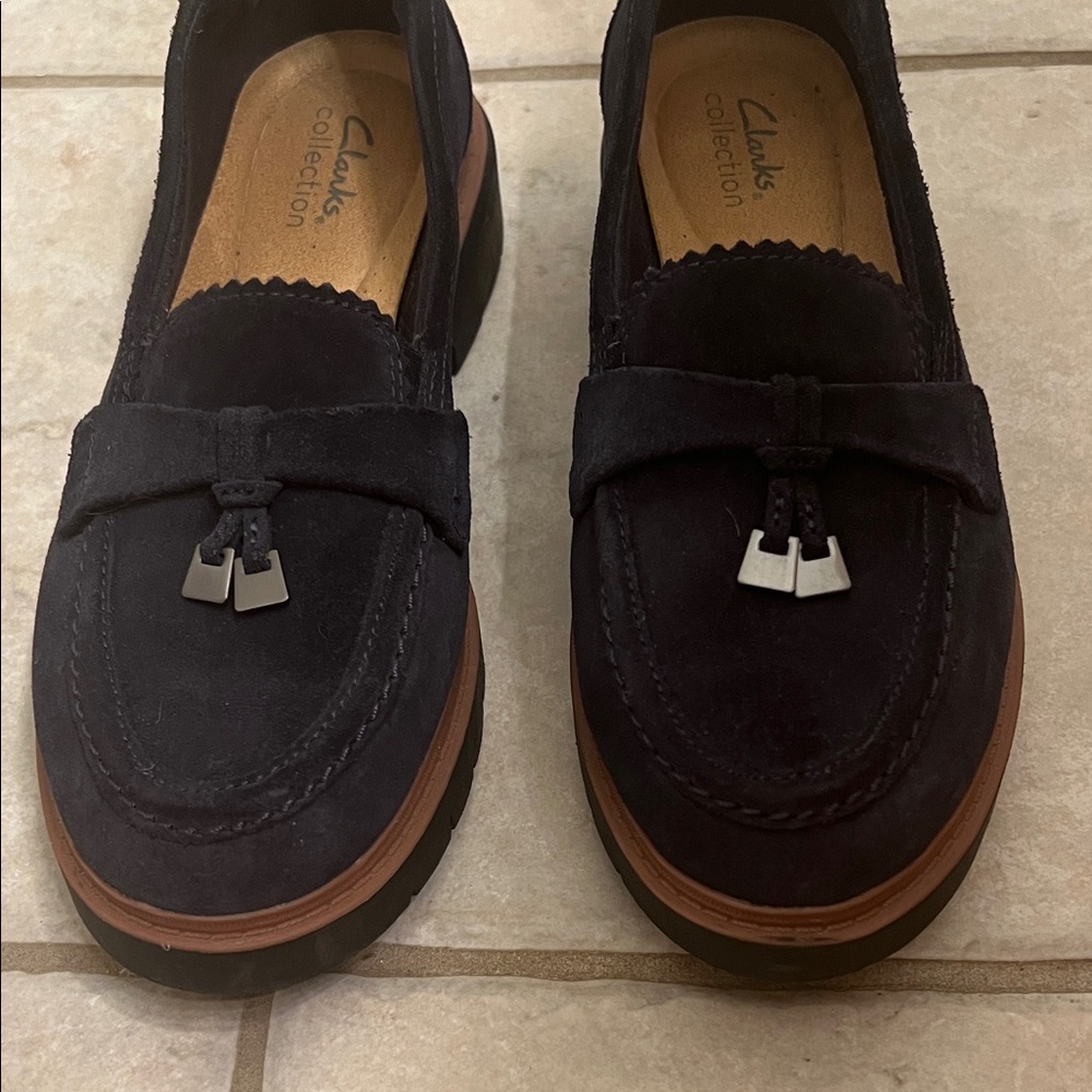 Navy Suede Clarks Westlynn Bella Leather Slip-On Loafers with Tassels Size 8.5 - Picture 4 of 16